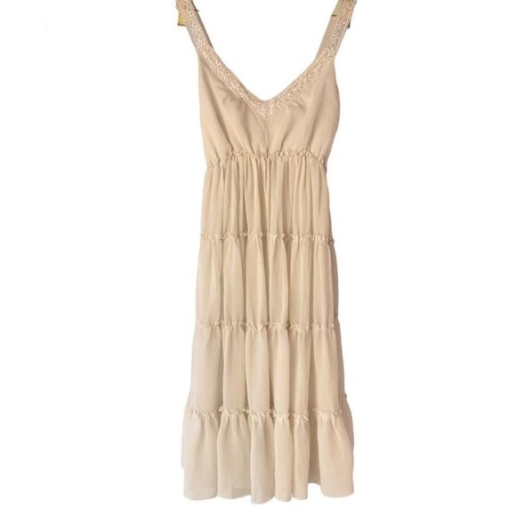 Medium White Beige Flutter Knee length Spring Summer Swing Dress - Picture 1 of 10